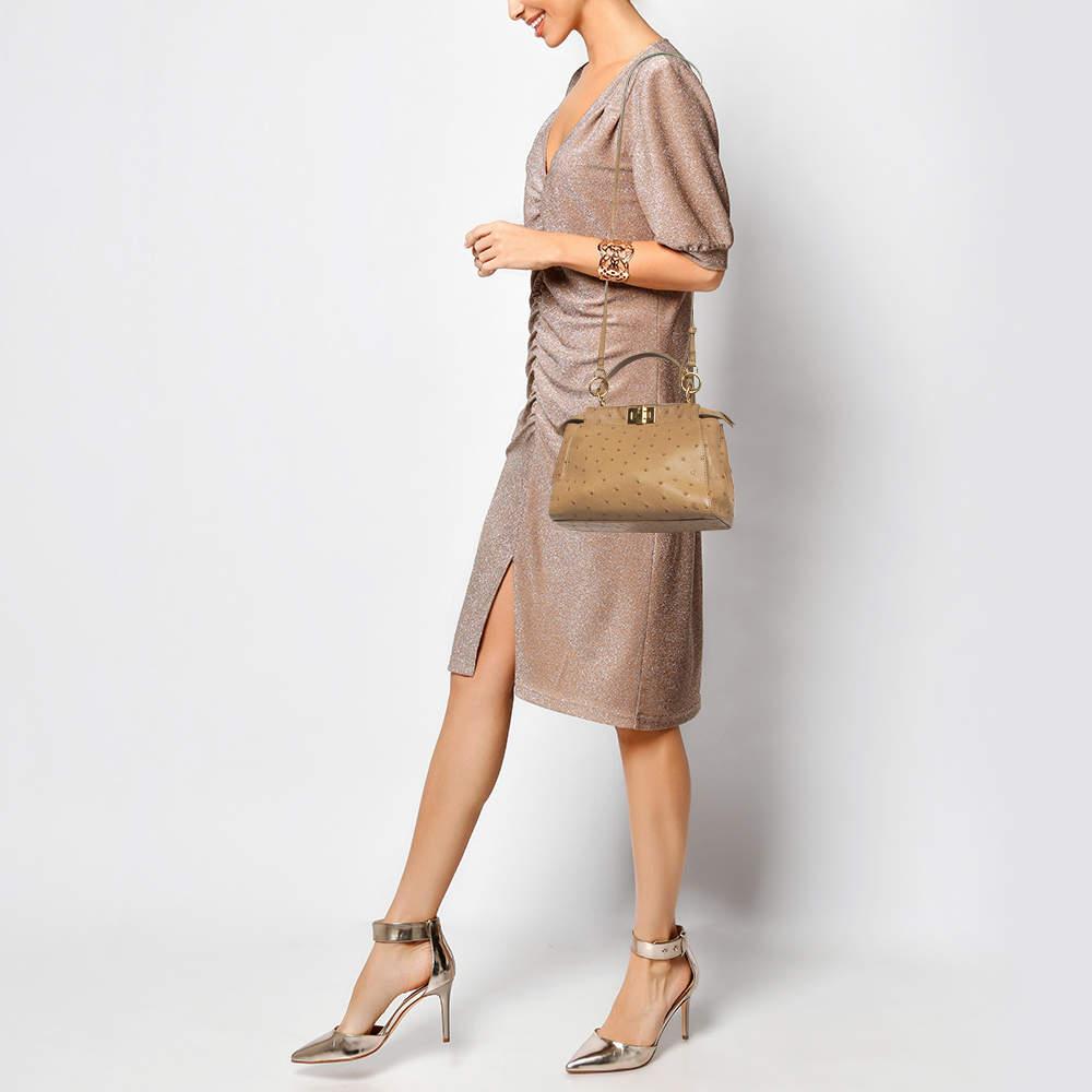 Fendi Beige Ostrich Leather Mini Peekaboo Top Handle Bag In Good Condition For Sale In Dubai, Al Qouz 2