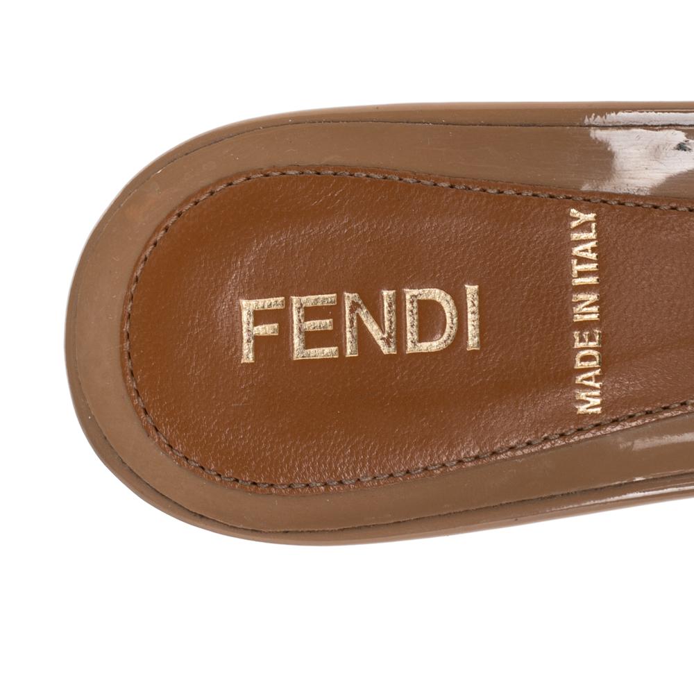 Fendi Beige Patent Leather FF Superstar Peep Toe Mule Slides Size 35 1