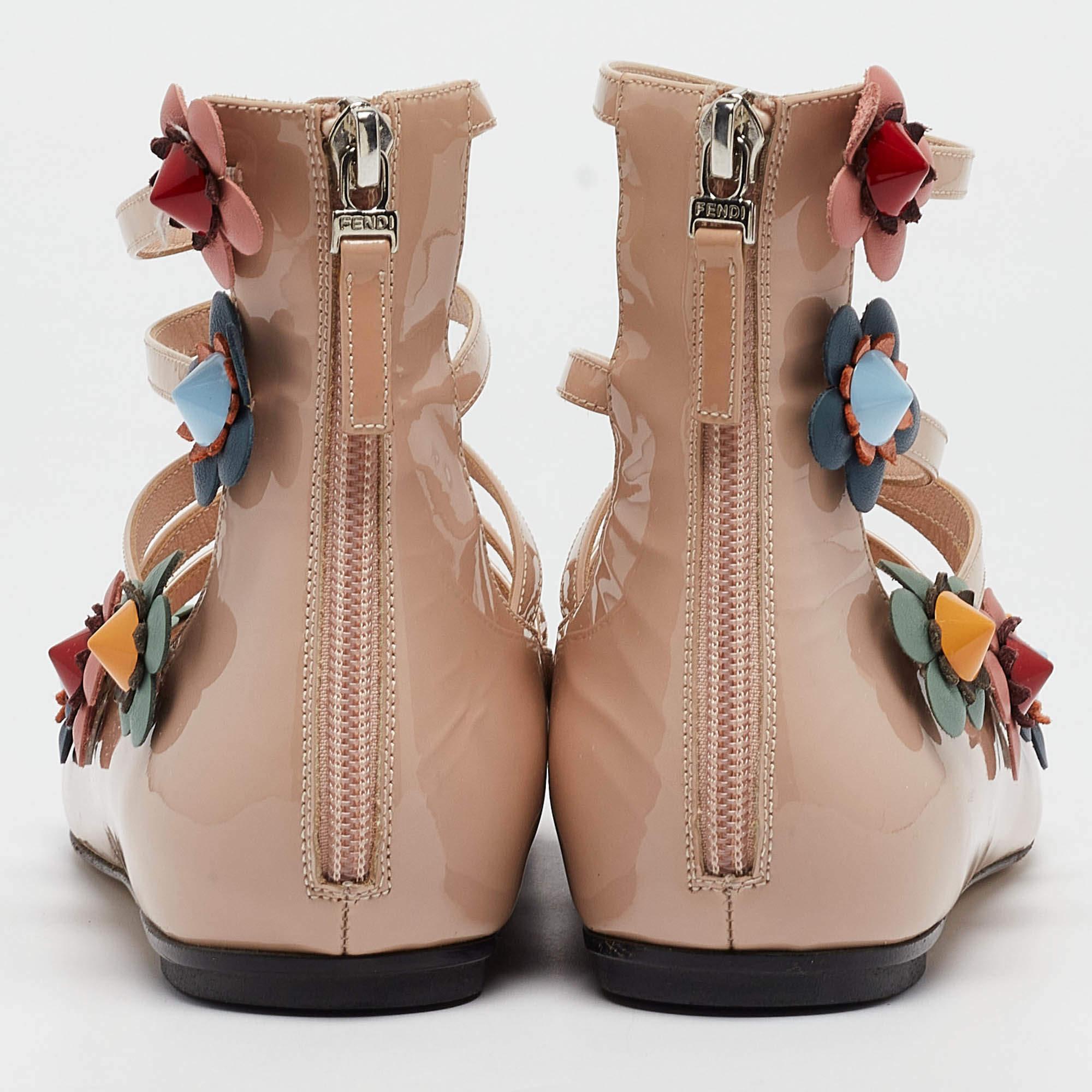 Fendi Beige Patent Leather Flowerland Ankle Strap Flats Size 38.5 1