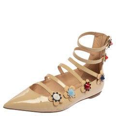 Fendi Beige Patent Leather Flowerland Multistrap Flats Size 37
