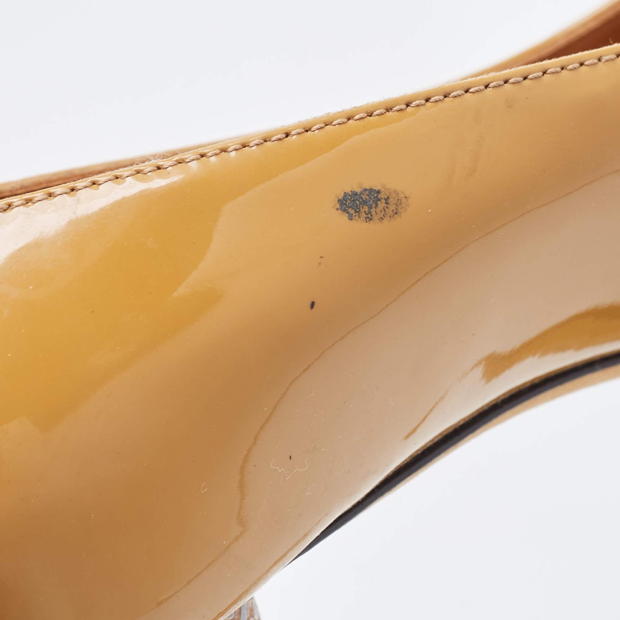 Fendi Beige Patent Leather Zucca Heel Peep Toe Pumps Size 37 For Sale 1