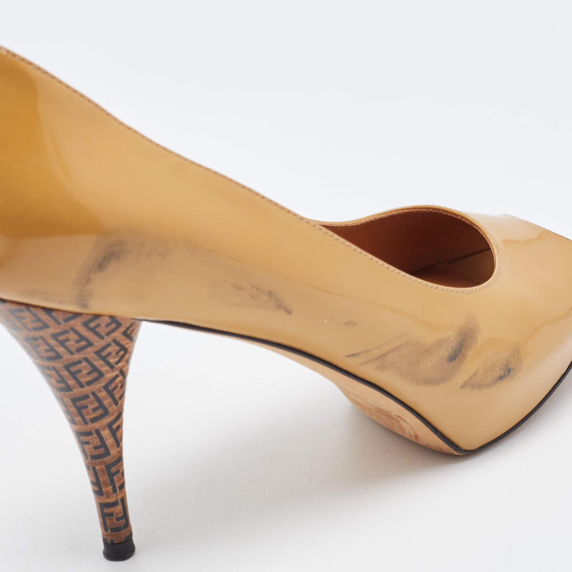 Fendi Beige Patent Leather Zucca Heel Peep Toe Pumps Size 37 For Sale 4
