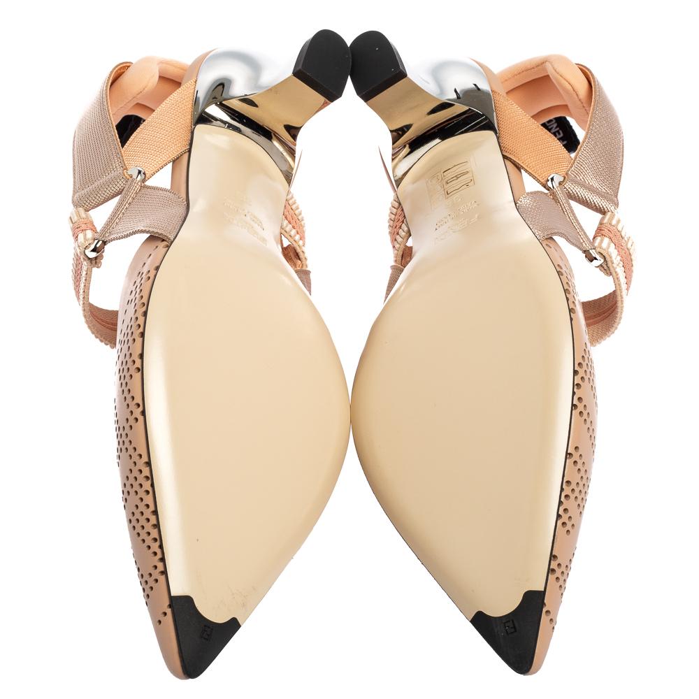 Fendi Beige Perforated Leather Colibri Slingback Pointed Toe Sandals Size 38 In New Condition In Dubai, Al Qouz 2