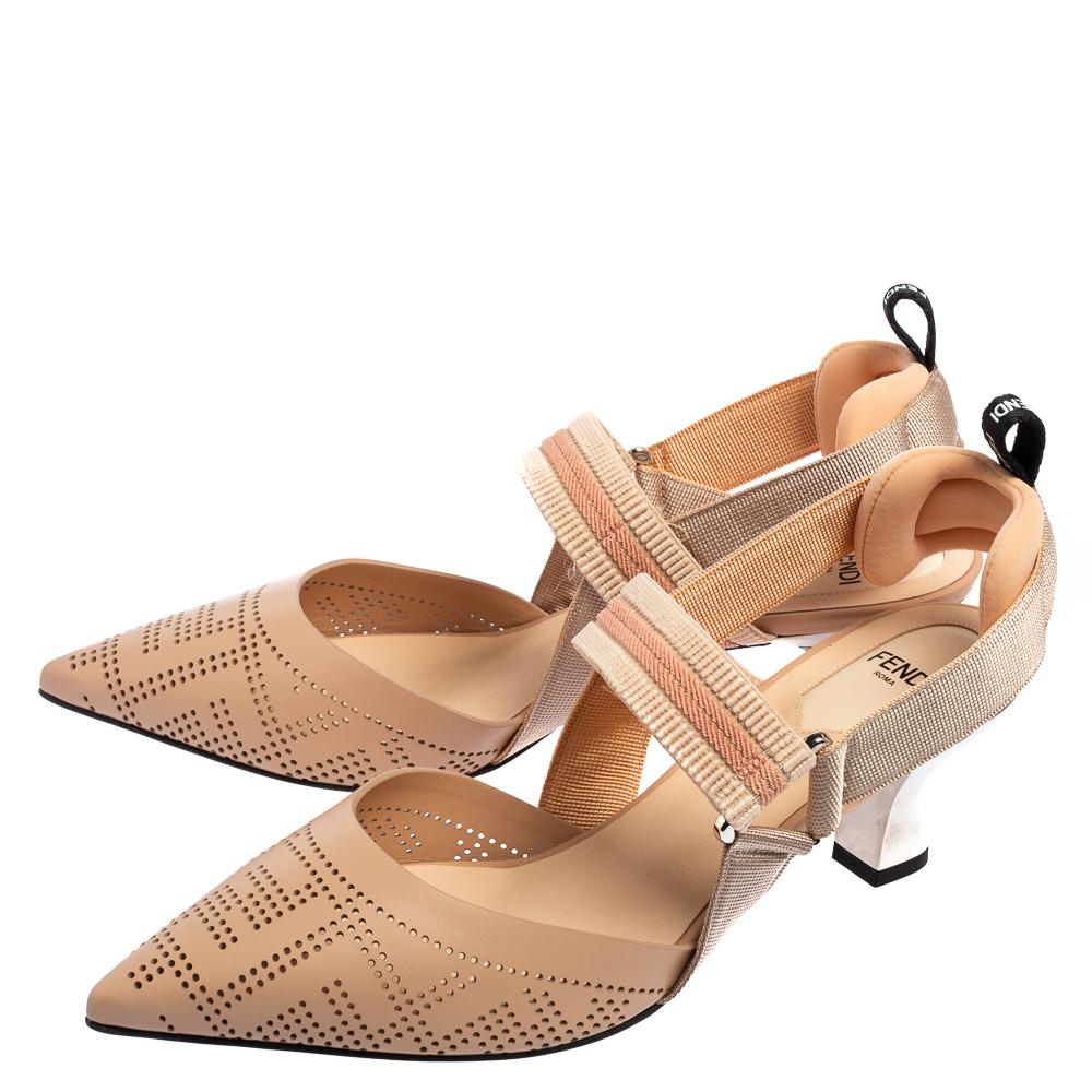 Fendi Beige Perforated Leather Colibri Slingback Pointed Toe Sandals Size 38 2