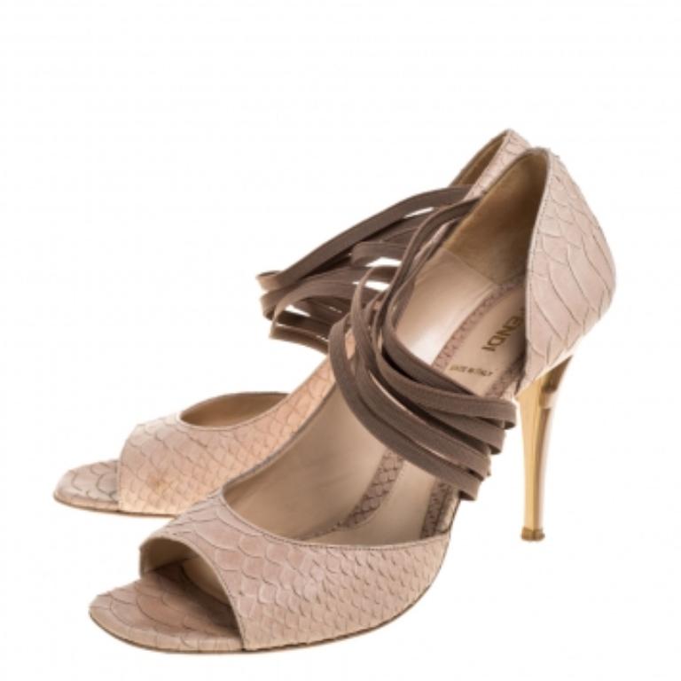 Fendi Beige Python Embossed Leather Strappy Half D'Orsay Peep Toe Pumps Size 40 For Sale 3