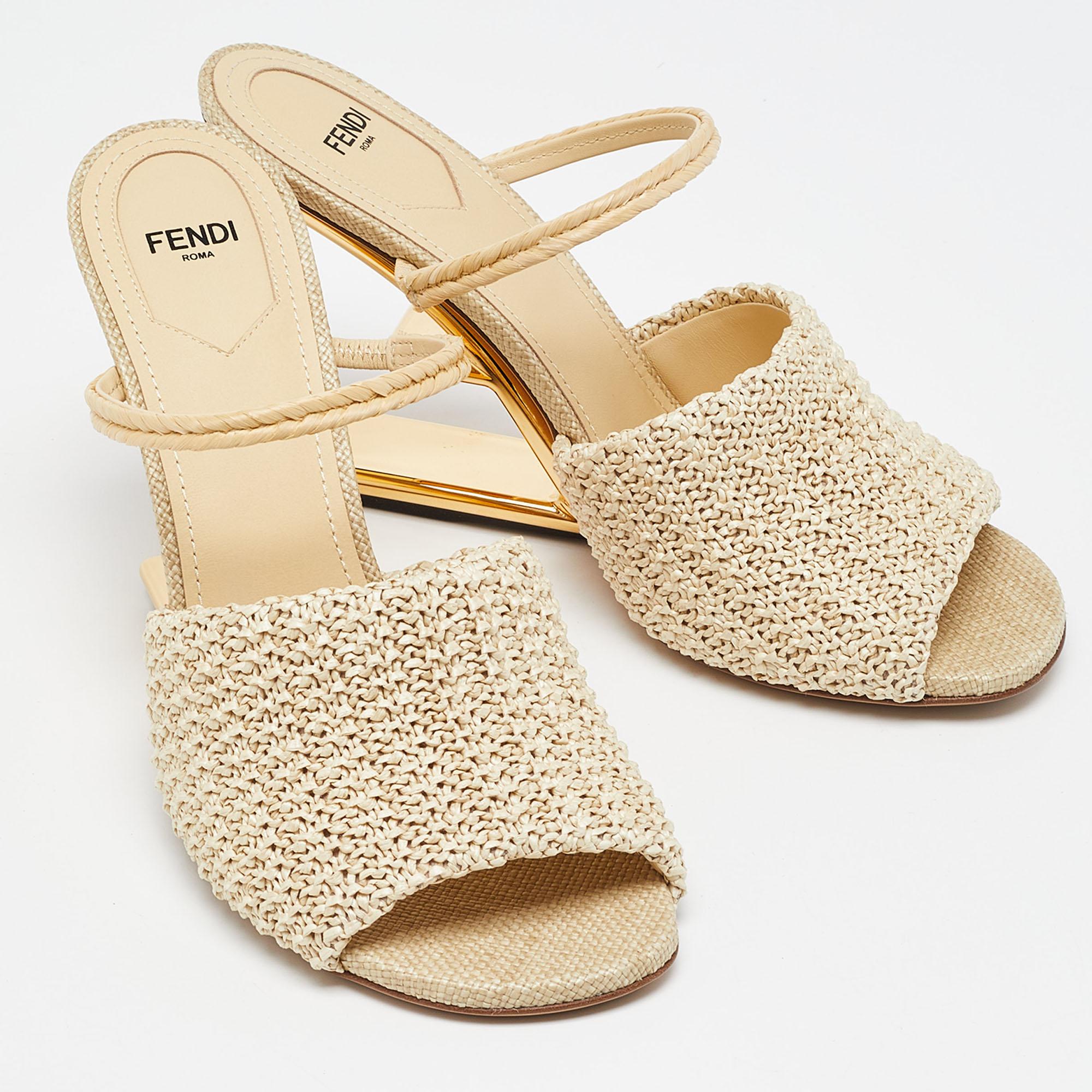 Women's Fendi Beige Raffia First Heel Mules Size 40.5
