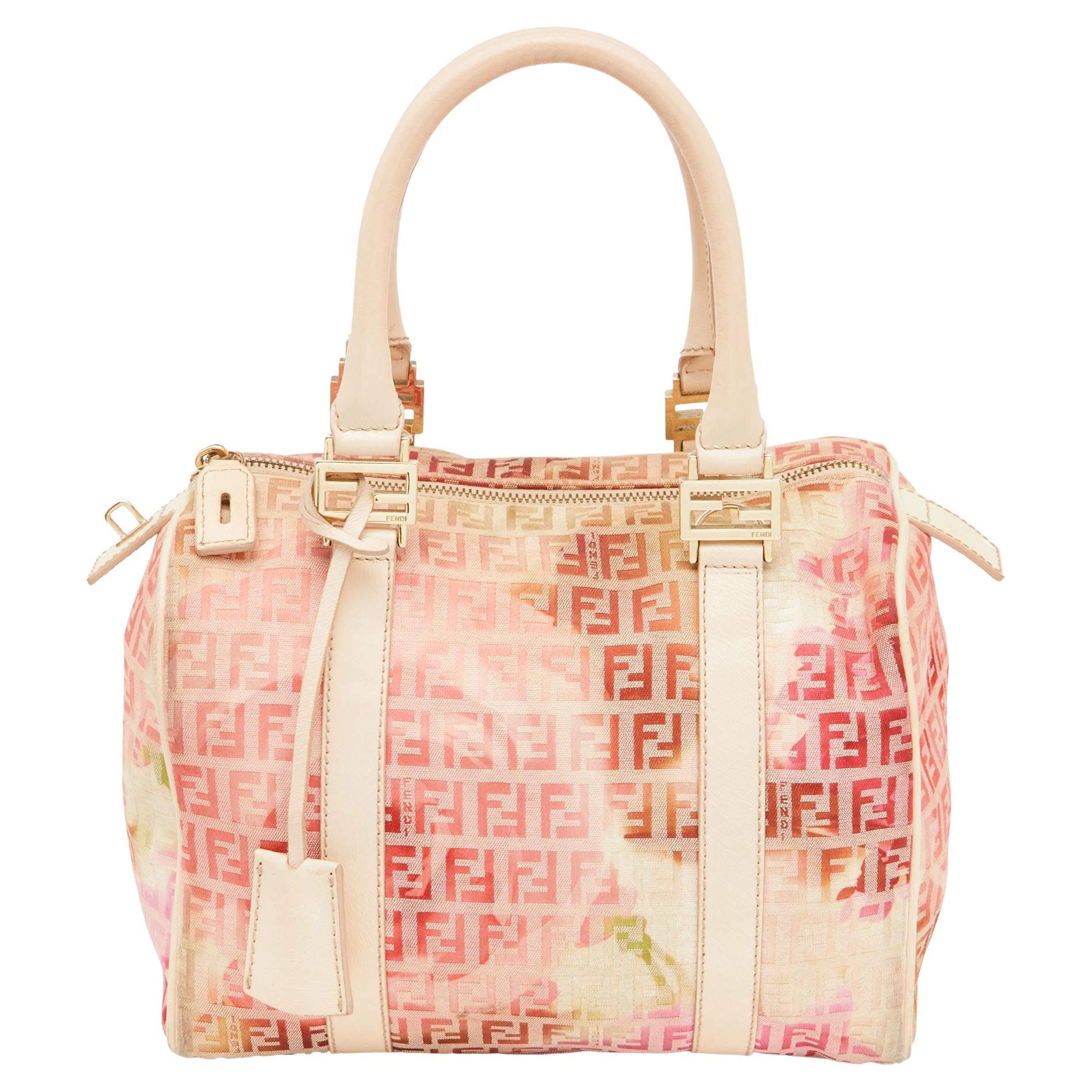 Fendi Beige/Red Printed Zucchino Fabric and Leather Small Forever Bauletto Bag