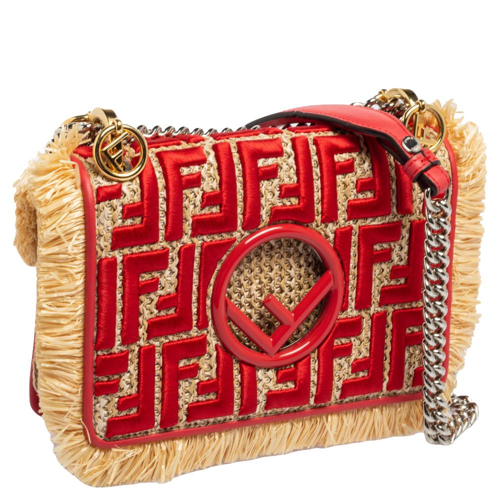 Fendi Beige/Red Raffia And Leather Small Kan I F Shoulder Bag 2