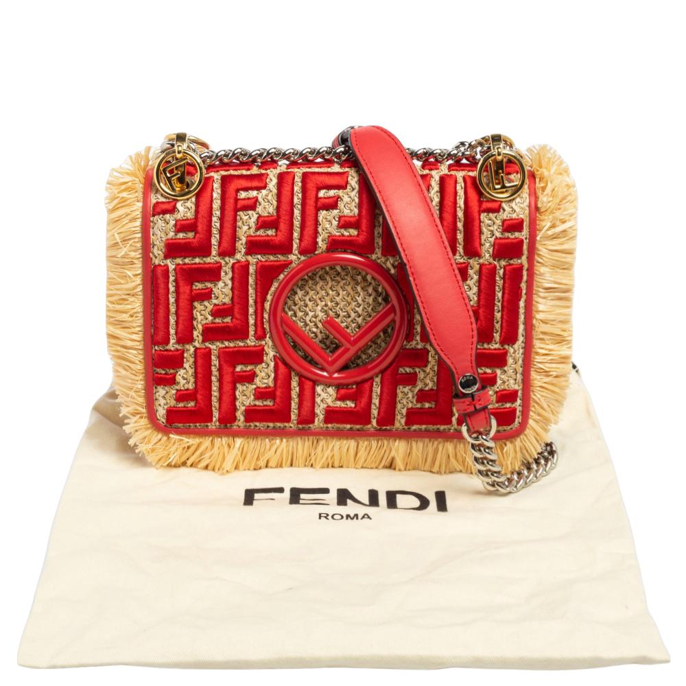 Fendi Beige/Red Raffia And Leather Small Kan I F Shoulder Bag 3