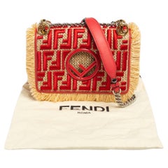 Fendi Beige/Red Raffia And Leather Small Kan I F Shoulder Bag