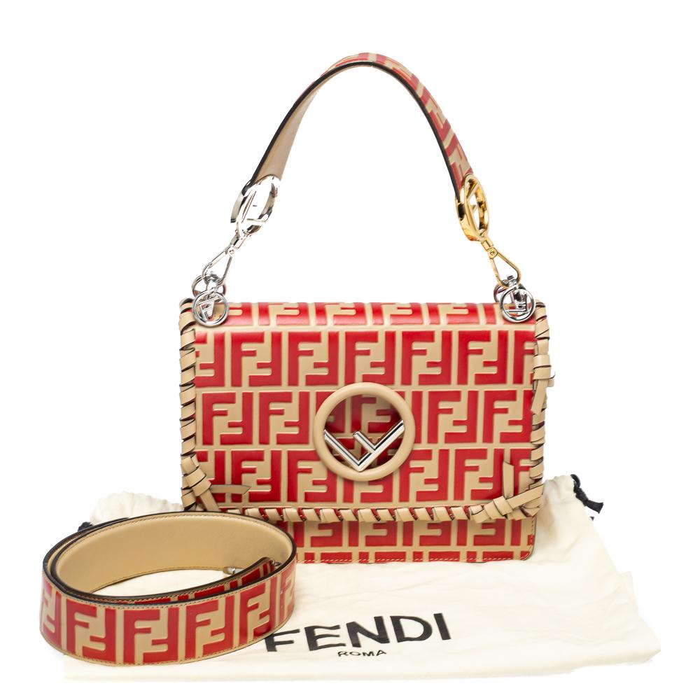 Fendi Beige/Red Zucca Leather Small Whipstitched Kan I F Shoulder Bag 7