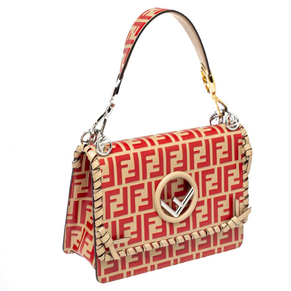 Fendi Beige/Red Zucca Leather Small Whipstitched Kan I F Shoulder Bag In Good Condition In Dubai, Al Qouz 2