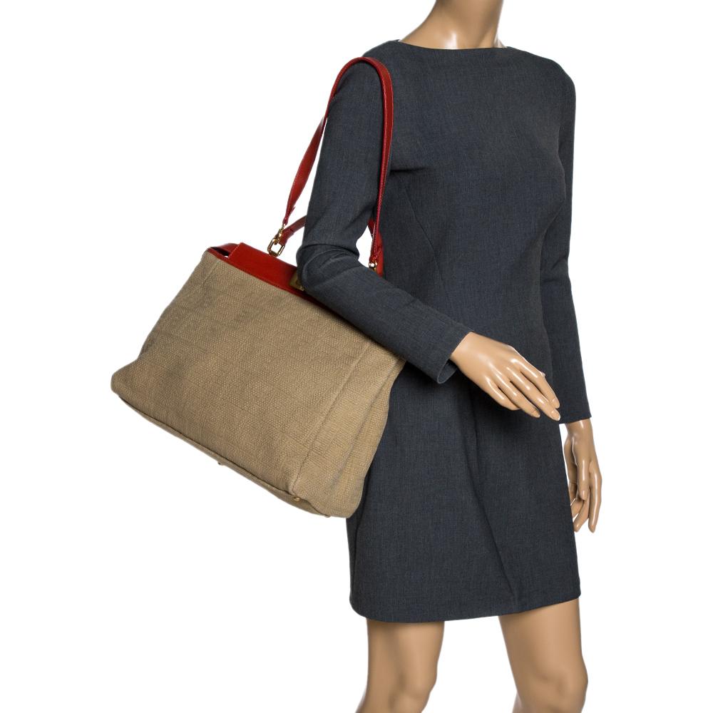 Fendi Beige/Rot Zucca Kürbis Seil und Leder Große Peekaboo Top Handle Tasche (Braun)
