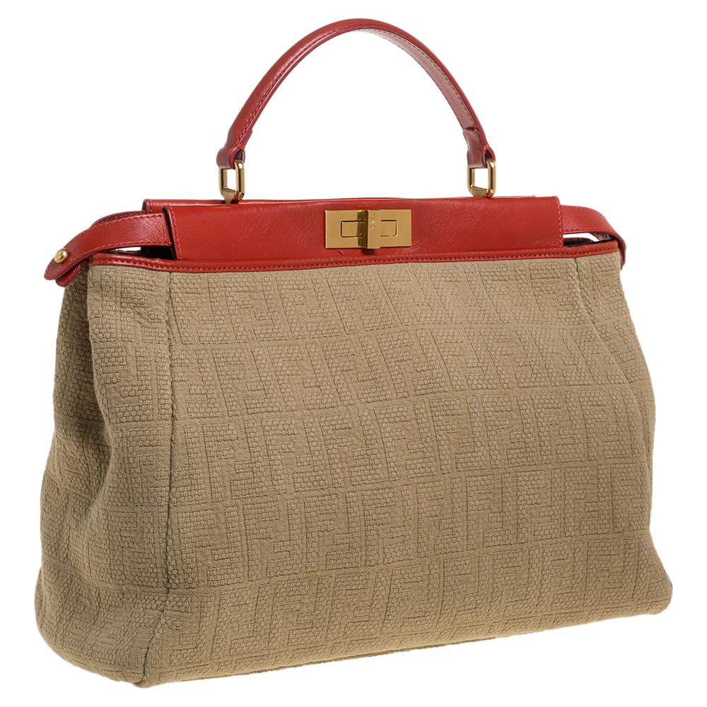 Fendi Beige/Rot Zucca Kürbis Seil und Leder Große Peekaboo Top Handle Tasche im Zustand „Gut“ in Dubai, Al Qouz 2