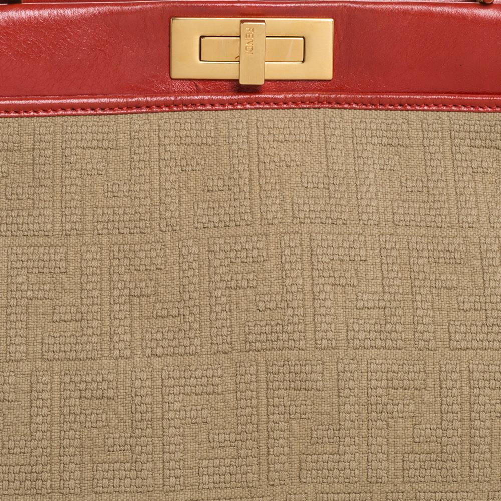 Fendi Beige/Rot Zucca Kürbis Seil und Leder Große Peekaboo Top Handle Tasche 1