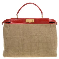 Fendi Beige/Rot Zucca Kürbis Seil und Leder Große Peekaboo Top Handle Tasche