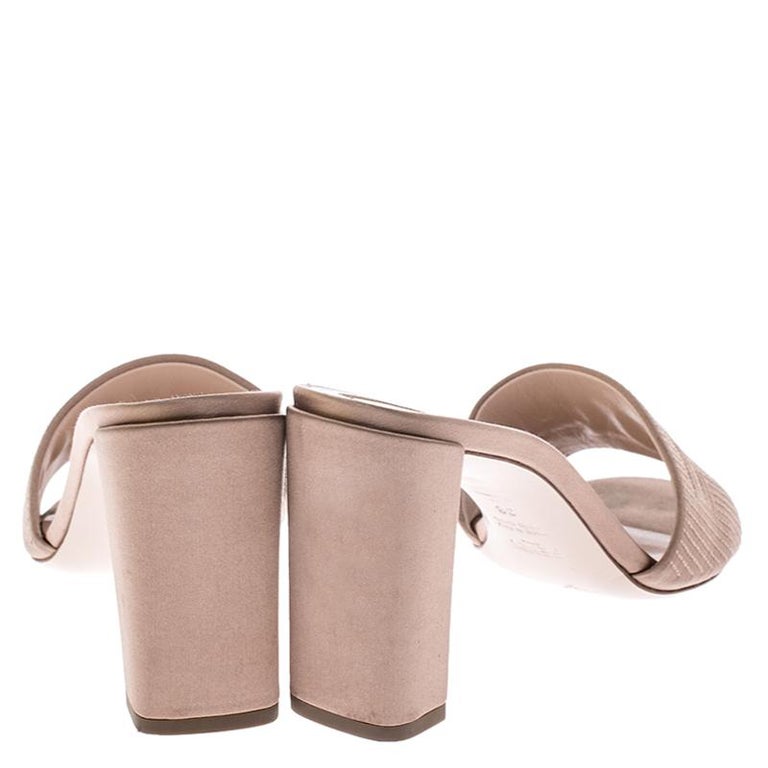 Fendi Beige Satin Logo Embroidered Block Heel Slides Size 38 For Sale At 1stdibs