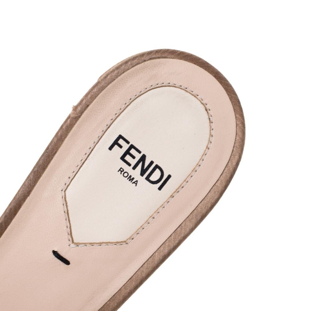 Fendi Beige Satin Logo Embroidered Block Heel Slides Size 38.5 2