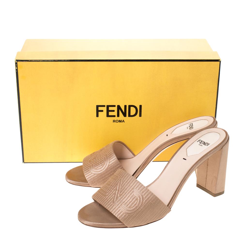 Fendi Beige Satin Logo Embroidered Block Heel Slides Size 38.5 4