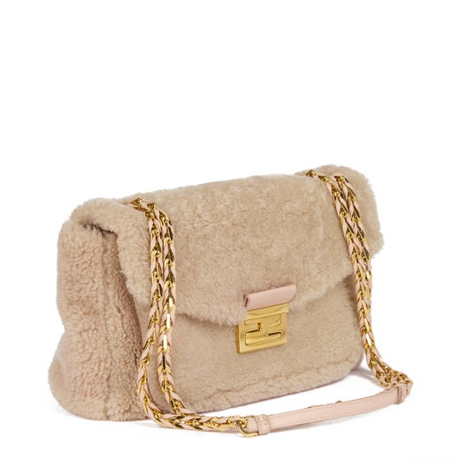 Fendi BEIGE SHEARLING and BLUSH CALFSKIN LEATHER BE BAGUETTE at 1stDibs