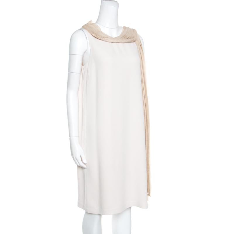 Fendi Beige Silk Pleated Faux Scarf Neck Detail Sleeveless Dress S In Good Condition In Dubai, Al Qouz 2