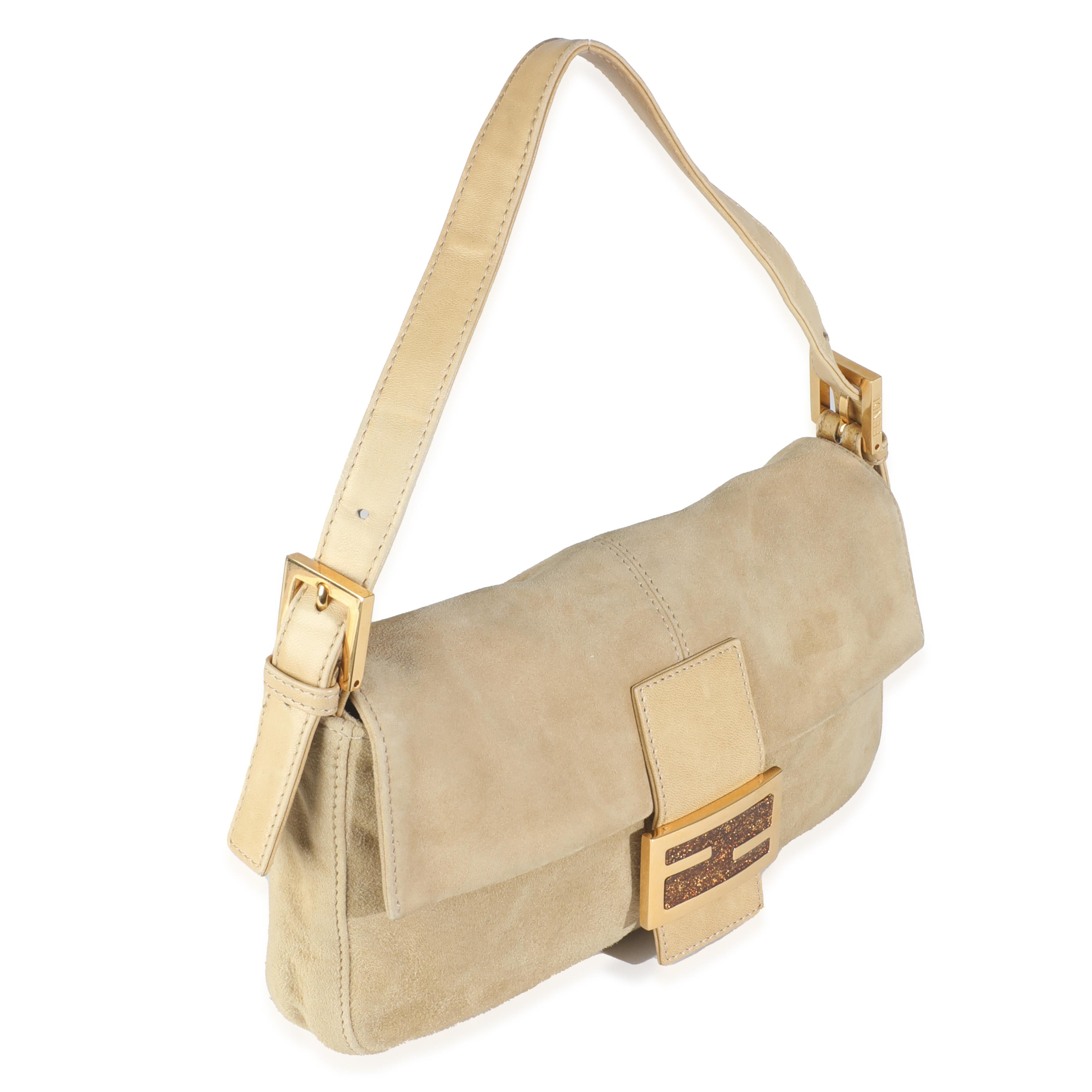 Fendi Beige Suede Glitter Enamel Resin Baguette Bag In Fair Condition For Sale In New York, NY