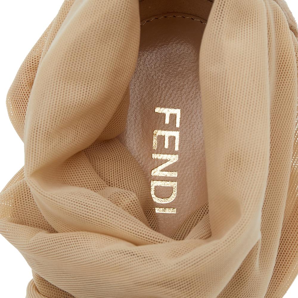 Women's Fendi Beige Suede, Stretch Fabric, And Net Strappy Platform Sandals Size 39.5