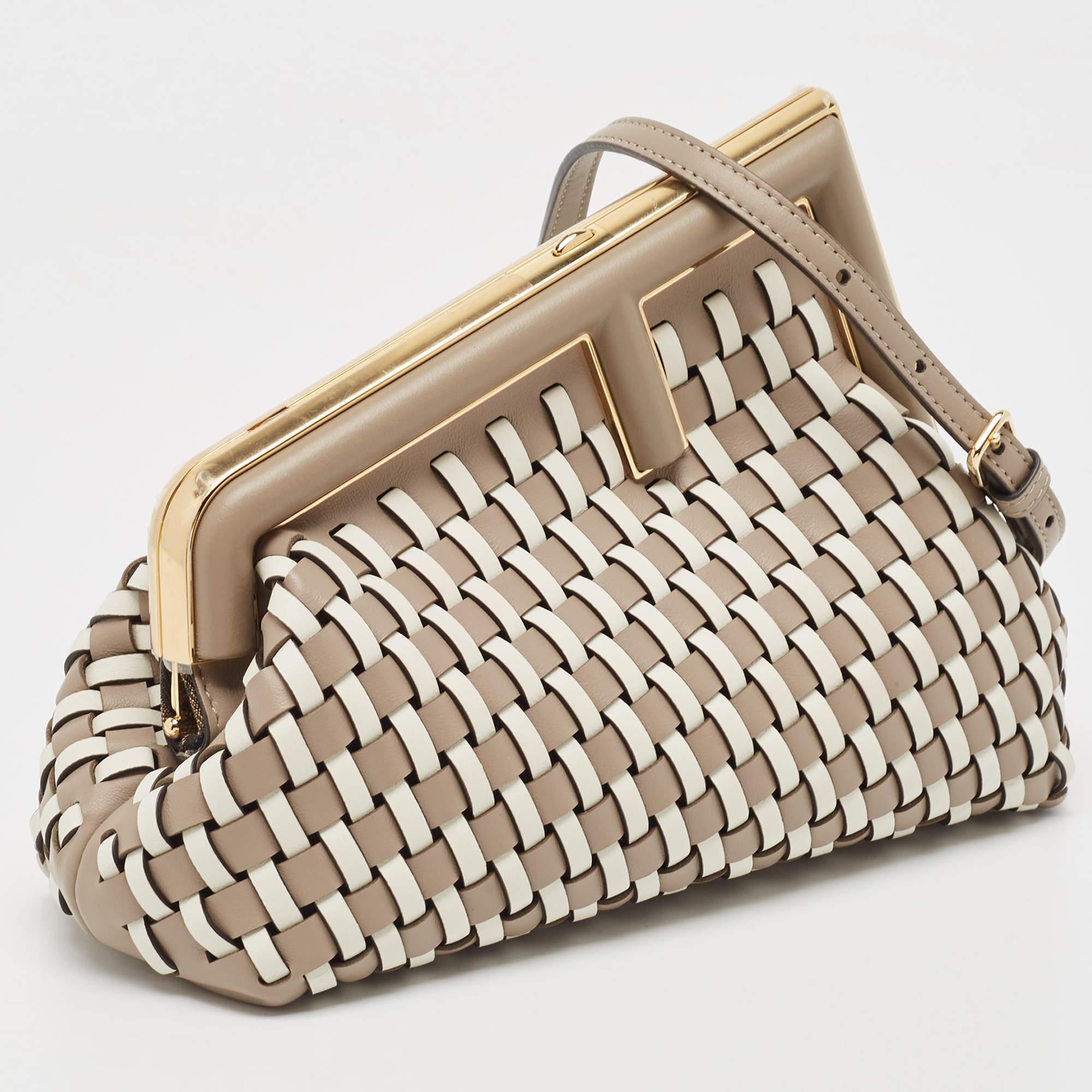 Fendi Beige/White Woven Leather Small First Shoulder Bag 6
