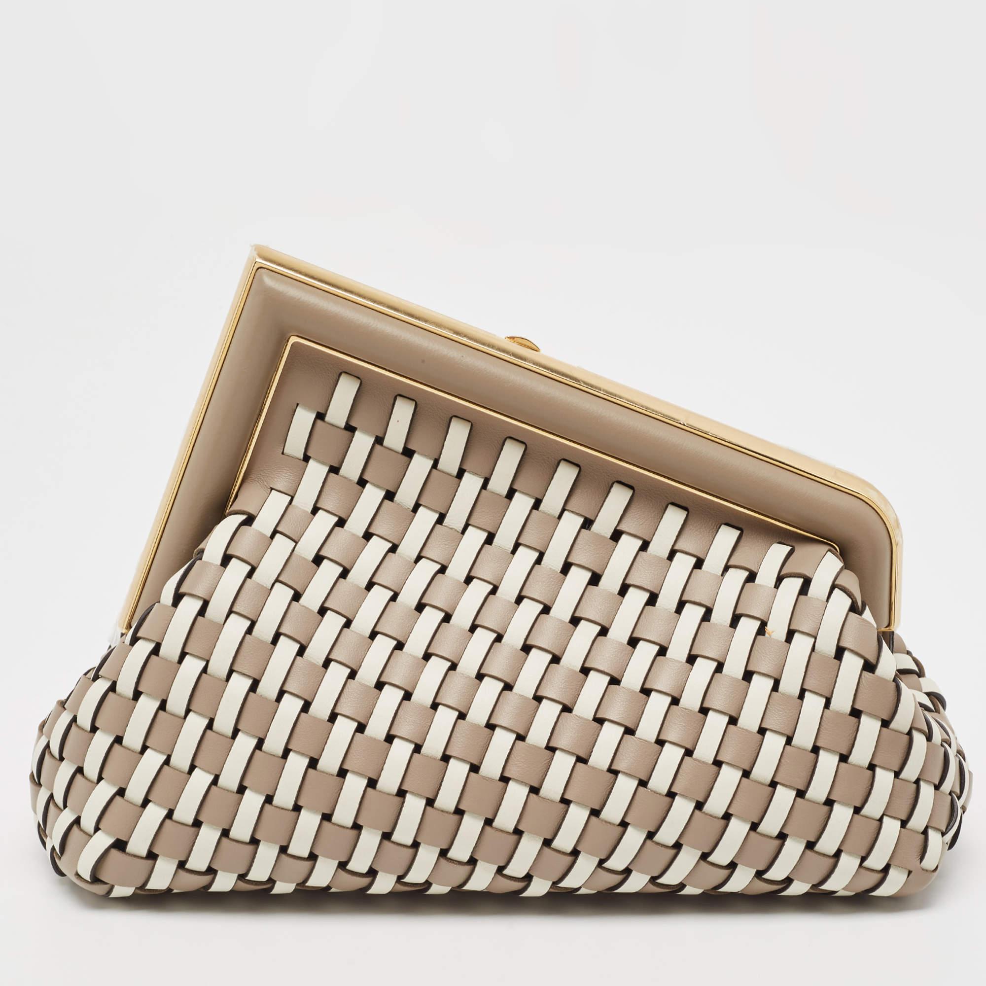 Fendi Beige/White Woven Leather Small First Shoulder Bag In Excellent Condition In Dubai, Al Qouz 2
