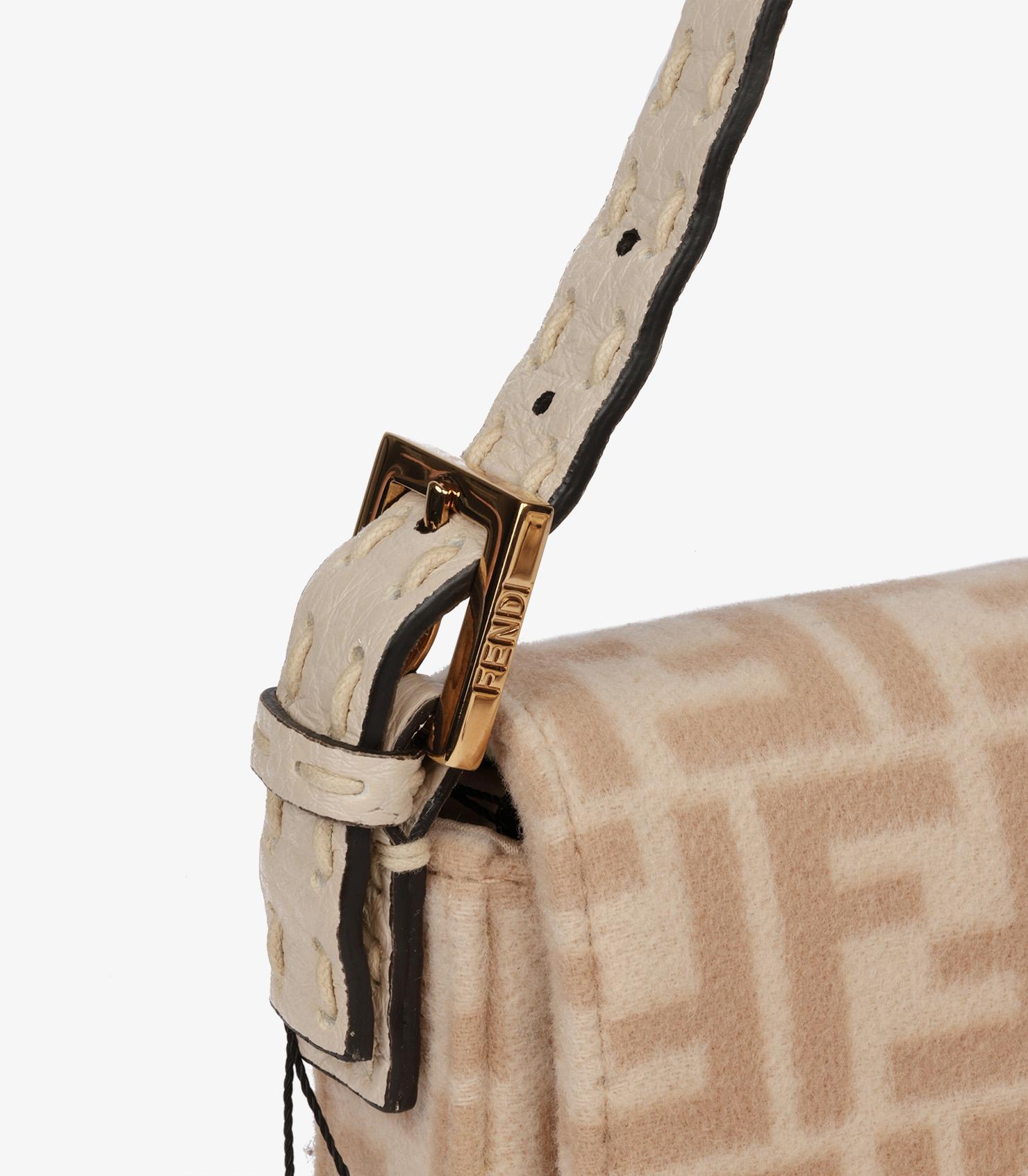 Fendi Beige Wool & Cream Calfskin Leather Baguette Shoulder Bag For Sale 4