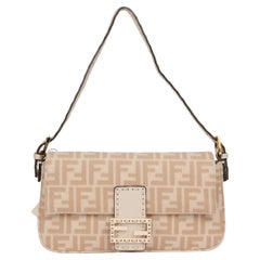 Fendi Beige Wool & Cream Calfskin Leather Baguette Shoulder Bag