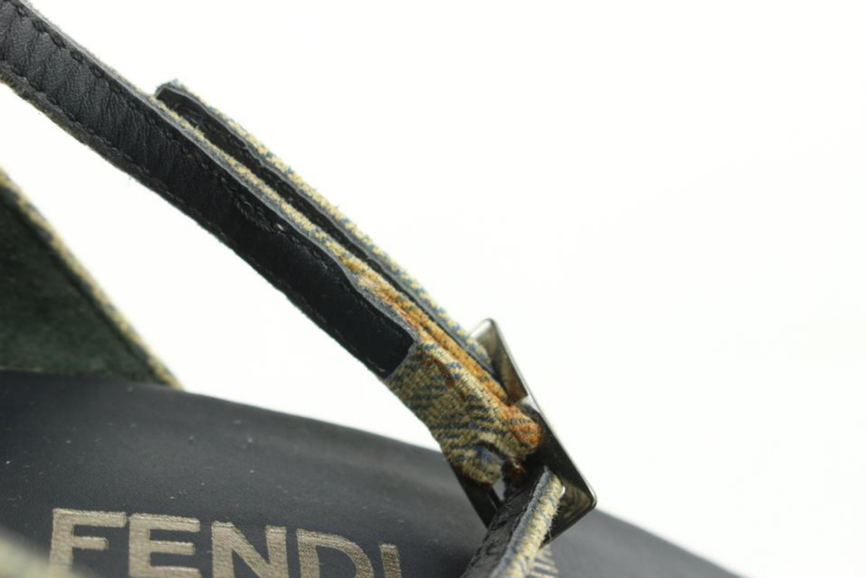 Fendi Beige x Blue Micro Zucchino FF Wedge Sandals 1223f14 For Sale 2