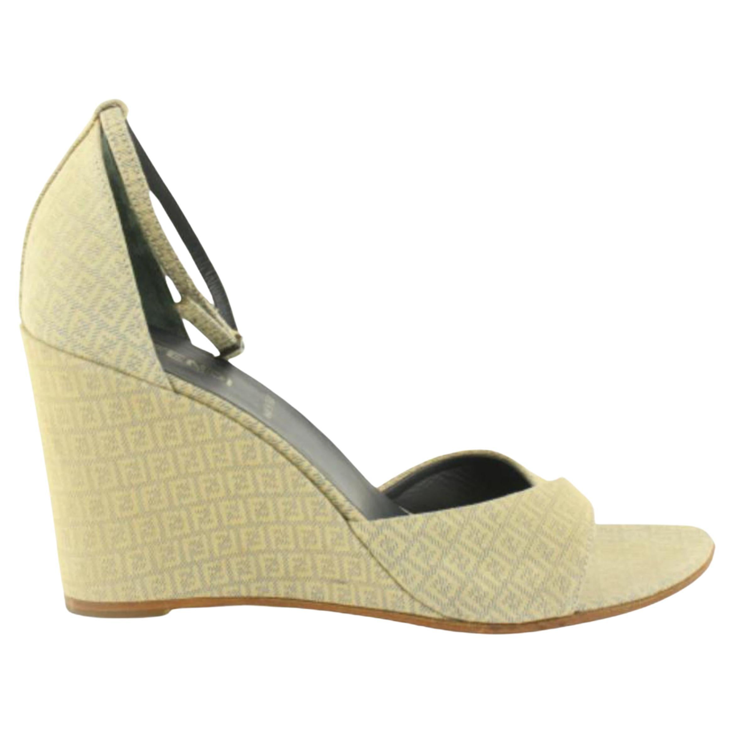 Fendi Beige x Blue Micro Zucchino FF Wedge Sandals 1223f14 For Sale at  1stDibs