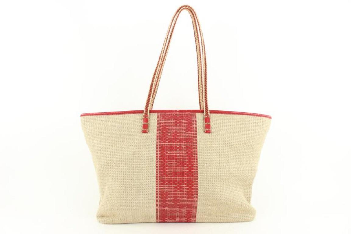 Fendi Beige x Red Raffia Roll Tote Bag 631ff616 For Sale 2