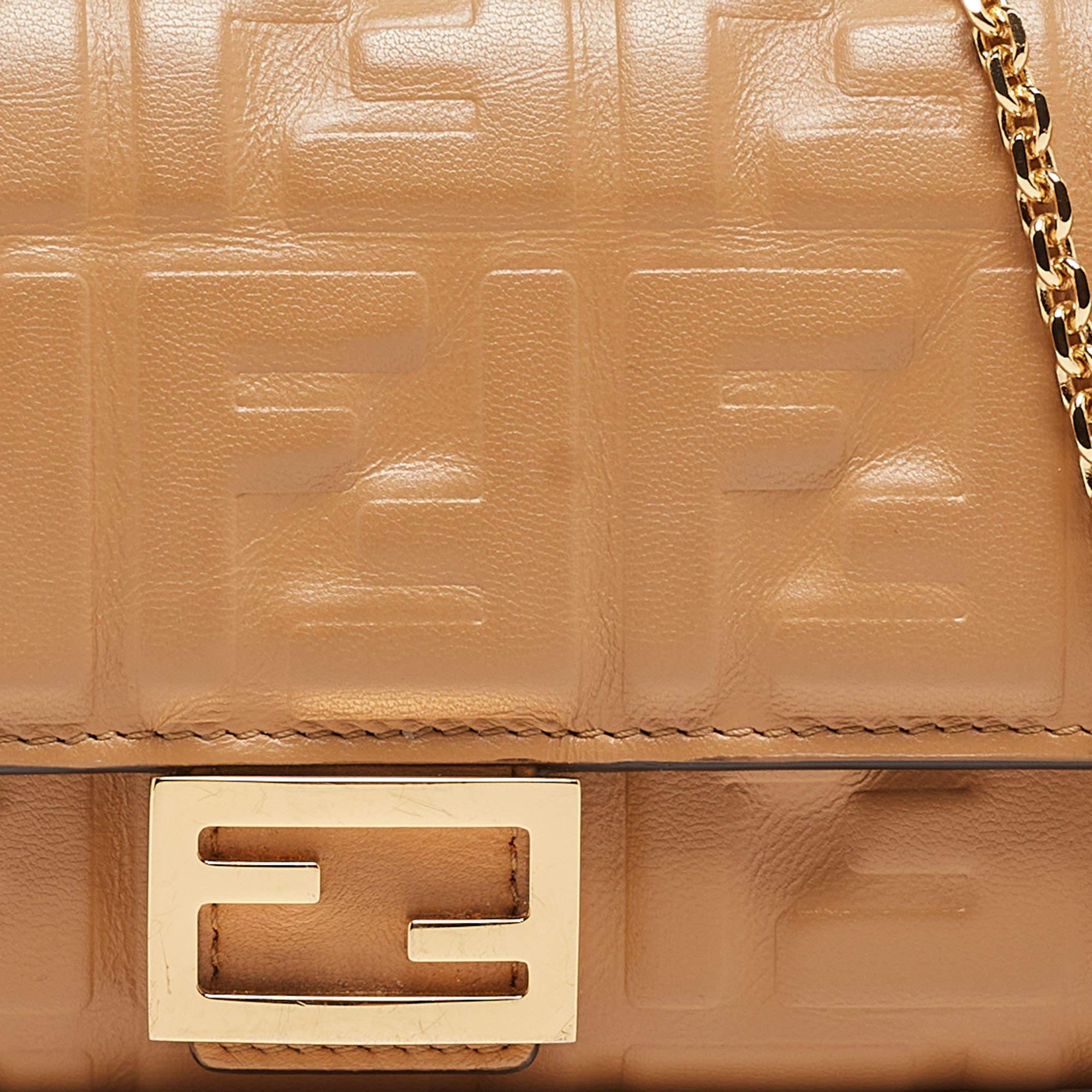 Fendi Beige Zucca Embossed Leather Baguette Wallet on Chain 5