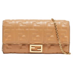 Used Fendi Beige Zucca Embossed Leather Baguette Wallet on Chain
