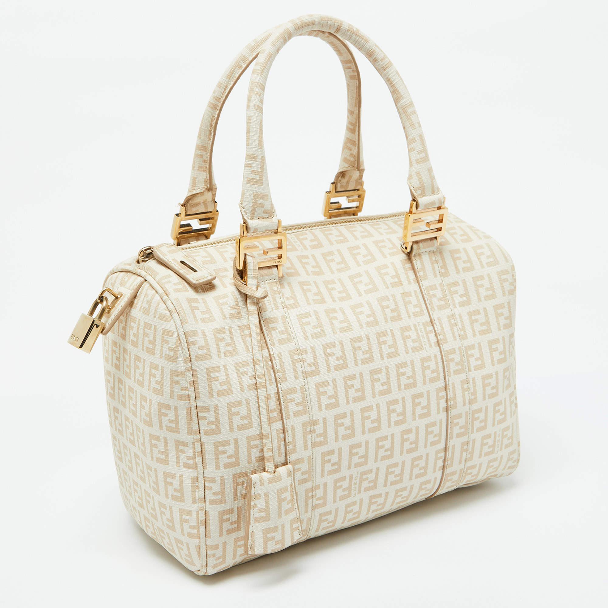Fendi Beige Zucchino Coated Canvas and Leather Forever Bauletto Boston Bag In Good Condition In Dubai, Al Qouz 2
