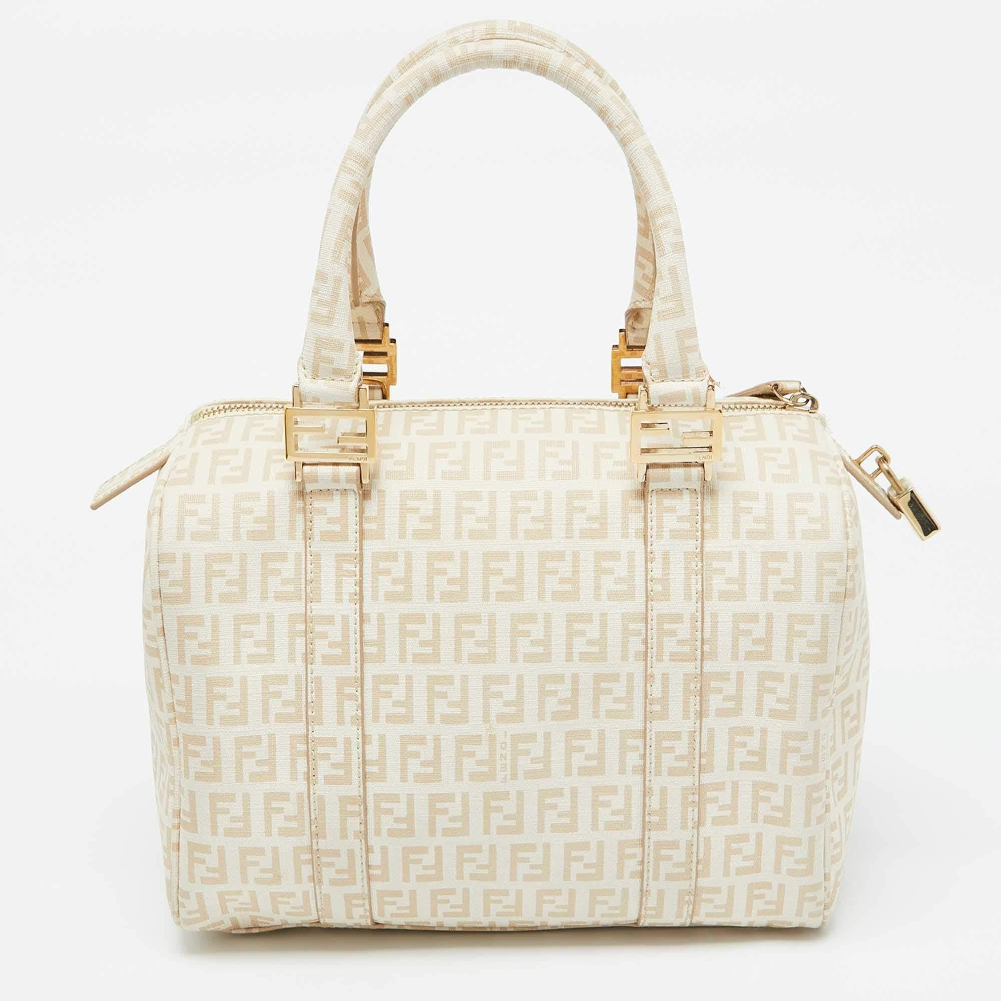 Women's Fendi Beige Zucchino Coated Canvas and Leather Forever Bauletto Boston Bag