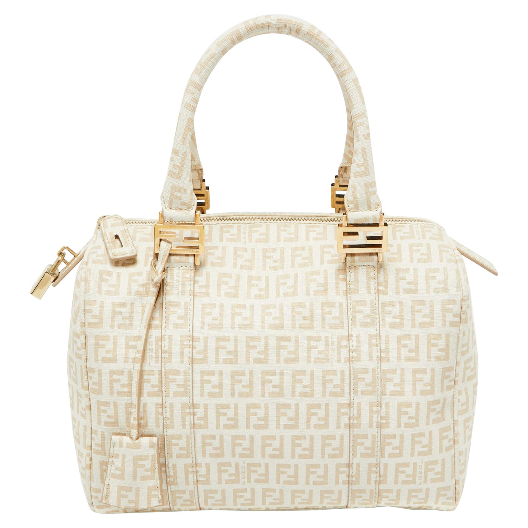 Fendi Beige Zucchino Coated Canvas and Leather Forever Bauletto Boston Bag