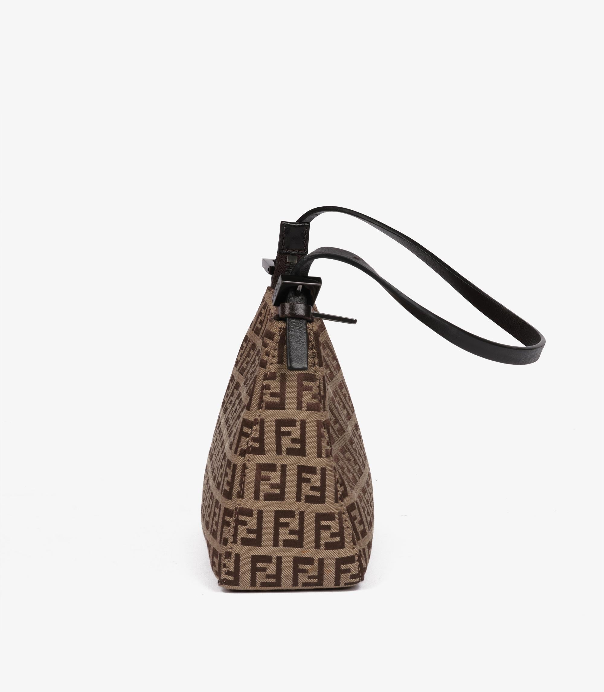 Fendi Beige Zucchino Monogram Canvas & Brown Calfskin Leather Vintage Pochette In Excellent Condition For Sale In Bishop's Stortford, Hertfordshire