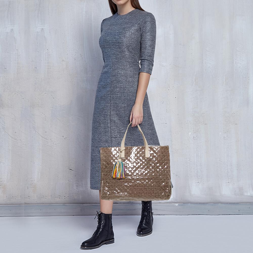Fendi Beige Zucchino Quilted Canvas and PVC Tassel Tote In Good Condition In Dubai, Al Qouz 2