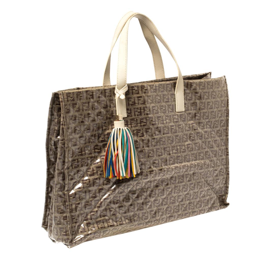Women's Fendi Beige Zucchino Quilted Canvas and PVC Tassel Tote