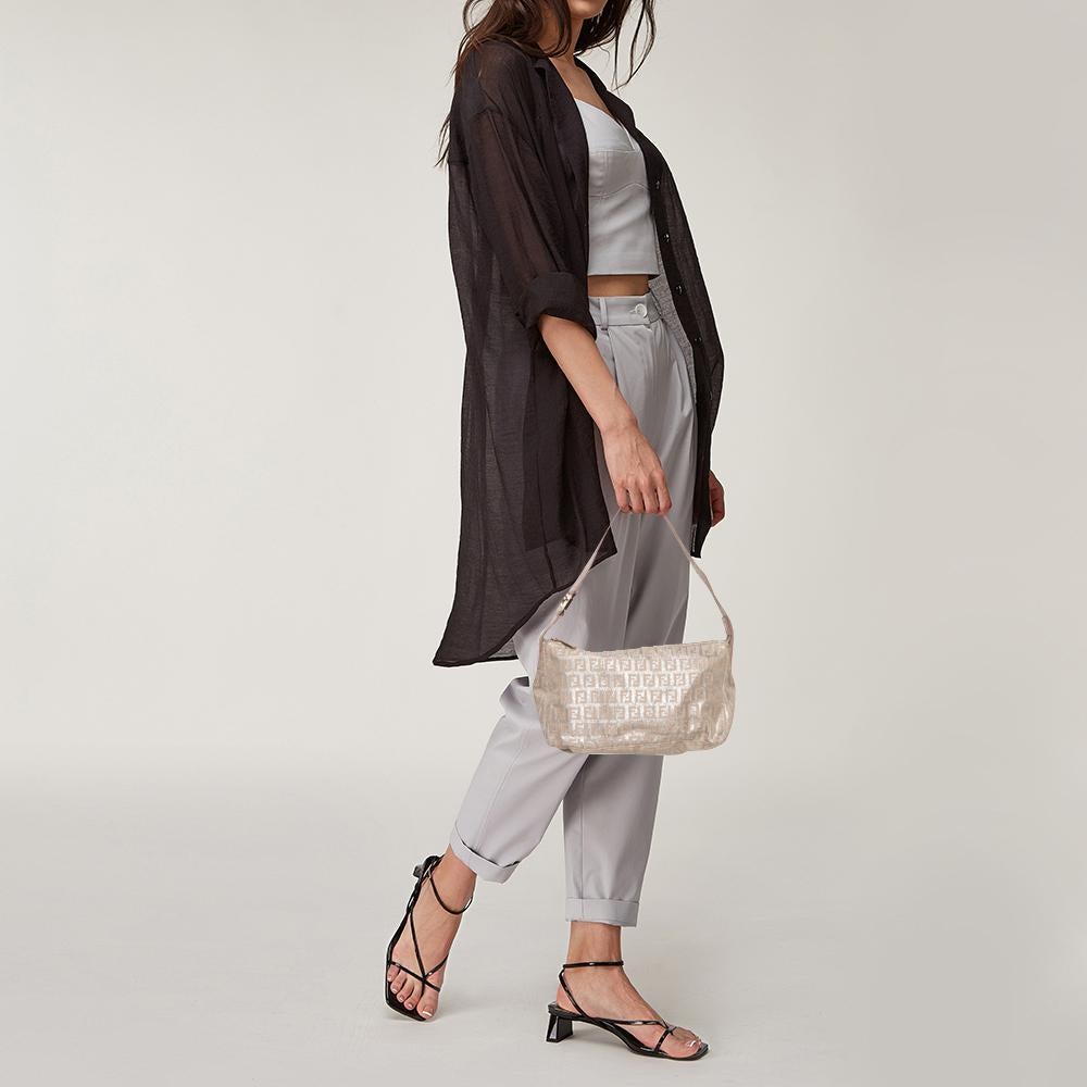 Fendi Beige Zucchino Shimmer Canvas Baguette Shoulder Bag In Fair Condition In Dubai, Al Qouz 2