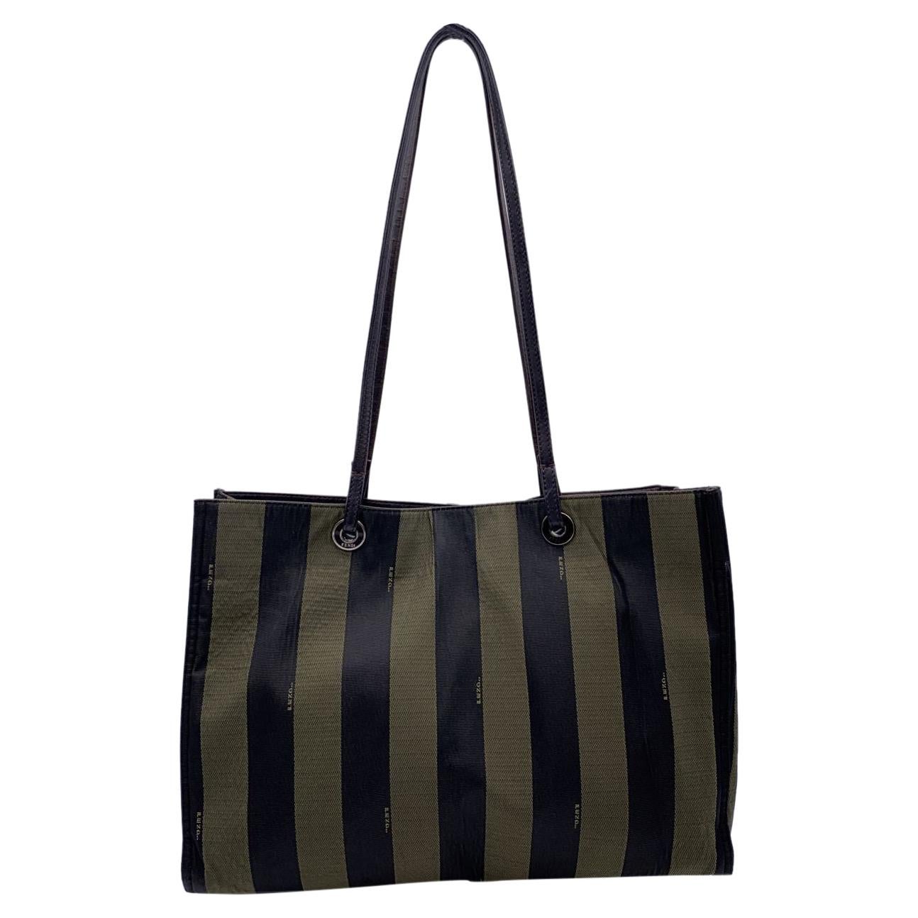 Fendi Black and Brown Striped Pequin Canvas Tote Shoulder Bag