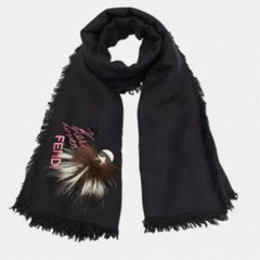Fendi Black Applique Detail Karlito Silk & Wool Scarf