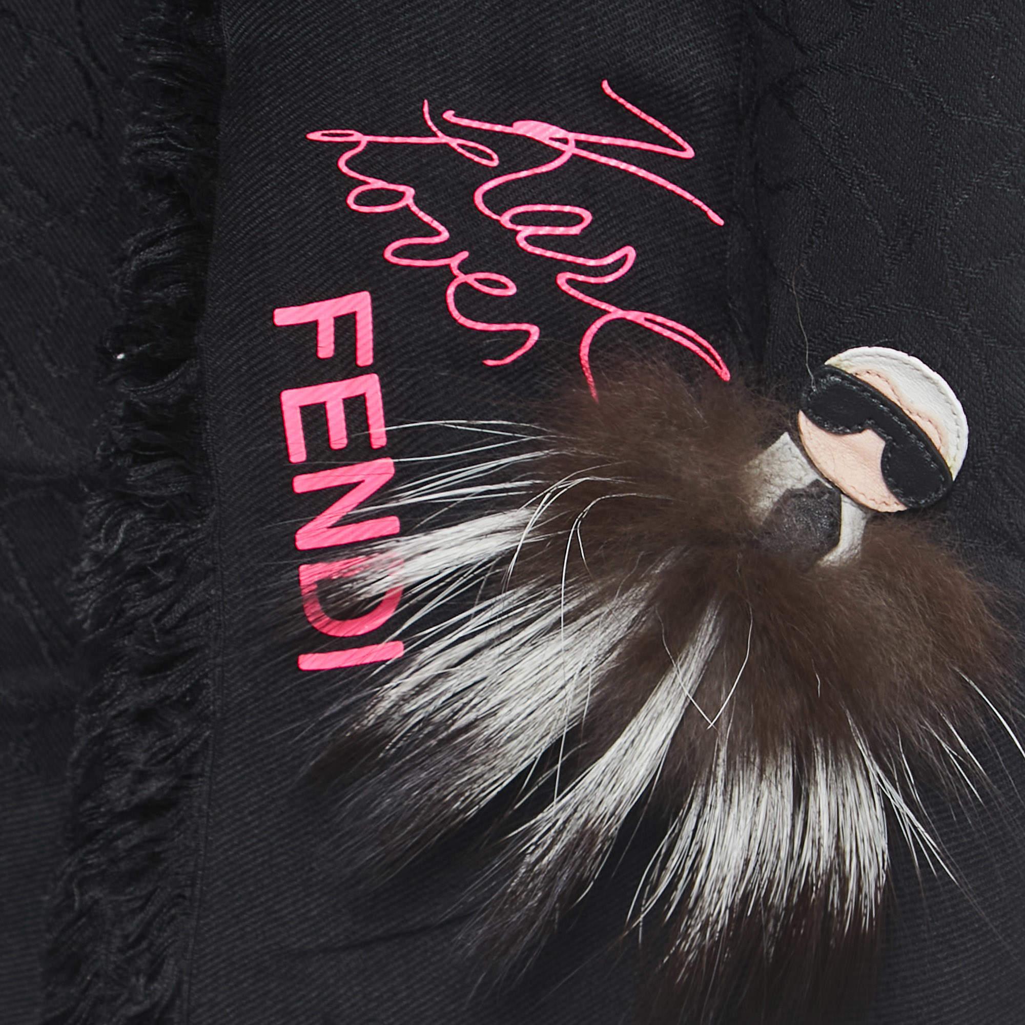 Fendi Black Applique Detail Karlito Silk & Wool Scarf In Good Condition For Sale In Dubai, Al Qouz 2