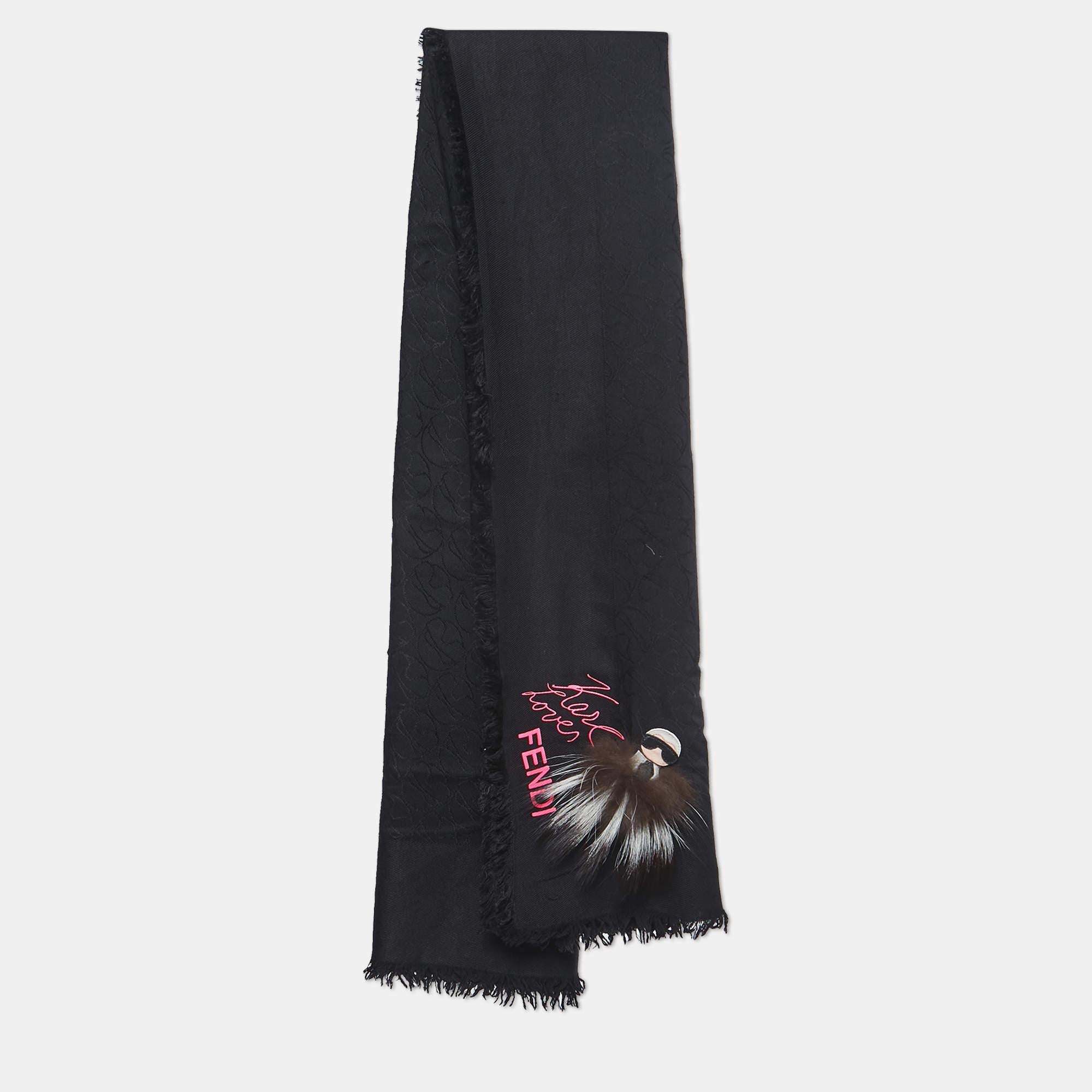 Women's Fendi Black Applique Detail Karlito Silk & Wool Scarf For Sale