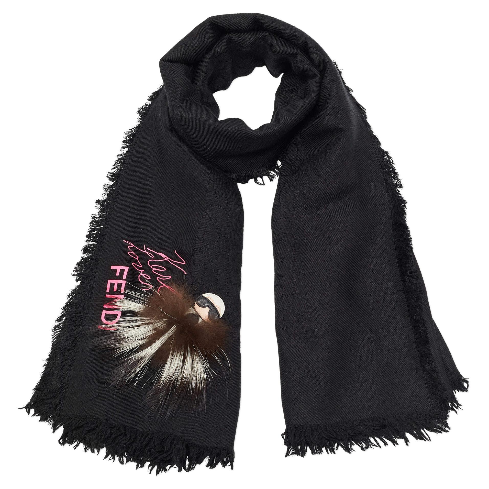 Fendi Black Applique Detail Karlito Silk & Wool Scarf For Sale