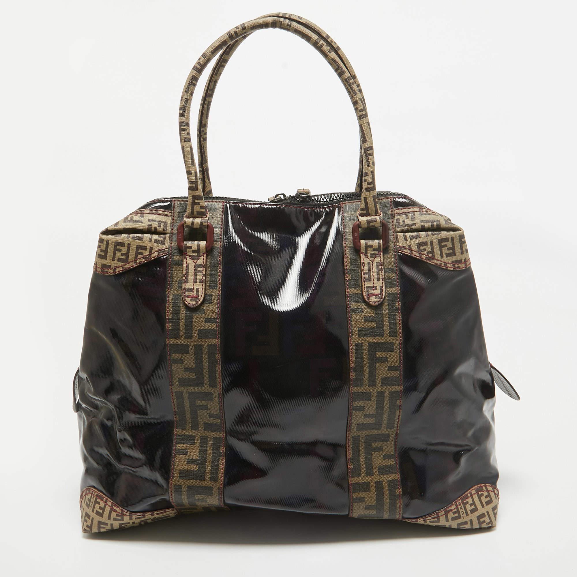 Women's Fendi Black/Beige Coated Fabric Large Mixed Media Satchel