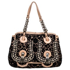 Fendi Black/Beige Lace and Leather Beads Embellished B Shoulder Bag